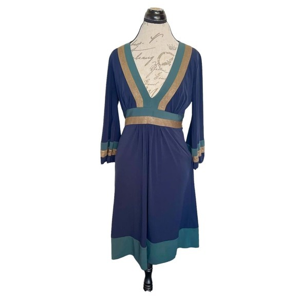 Laundry By Design Dress Size Small V Neckline Gold Green Trim Empire Striped - Picture 1 of 12